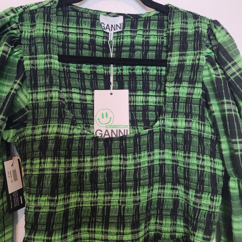 GANNI Seersucker Checked Smocked Maxi Dress in Green NWT Size 40 - Picture 10 of 14